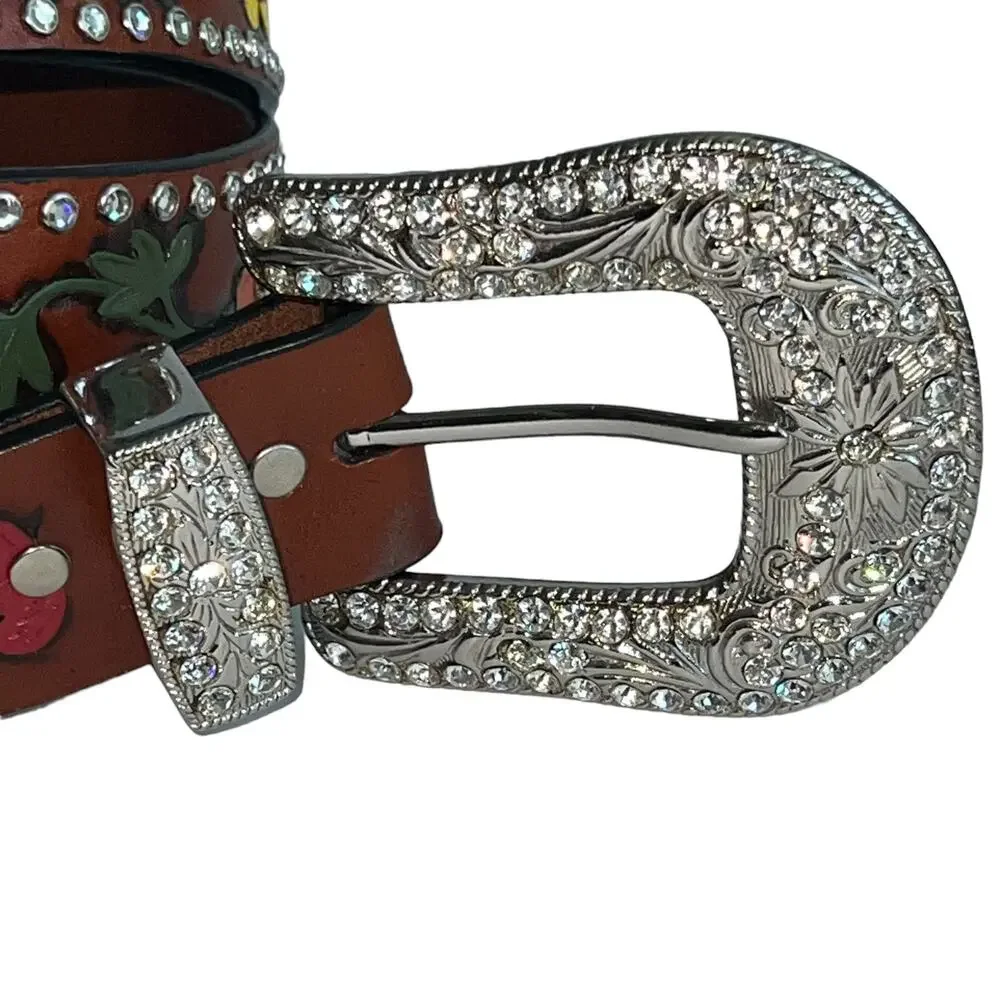 3-D Rhinestone Hand Tooled Hand Painted Leather Belt Bling Buckle Retro 38